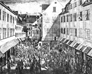 Leipzig, Leipzig, Messe in Auerbachs Hof, 1778, Stich von J. A. Rosmäler