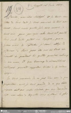 Eigenh. Brief von Auguste Louis de Staël-Holstein an August Wilhelm von Schlegel, Coppet, 16.06.1819