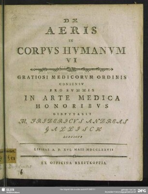 De Aeris In Corpus Humanum VI : Lipsiae A. D. XVI. Maii MDCCLXXVII