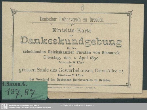 Programm zur Dankeskundgebung für den scheidenden Reichskanzler Fürsten von Bismarck an seinem 75. Geburtstage; Dienstag, den 1. April 1890 veranstaltet vom Deutschen Reichsverein zu Dresden