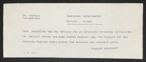 Brief von Gerhart Hauptmann an Deutsches Volkstheater <Hamburg>