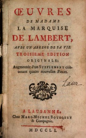 Oeuvres de Madame La Marquise De Lambert : avec un abrege de sa vie