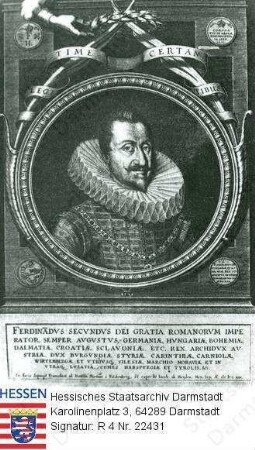 Ferdinand II. Kaiser Römisch-Deutsches Reich (1578-1637) / Porträt, Brustbild in Medaillon mit lateinischer Sockelinschrift