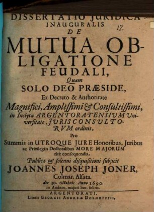 Dissertatio Iuridica Inauguralis De Mutua Obligatione Feudali