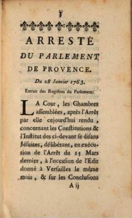 Arresté du Parlement de Province : du 28. Janv. 1763