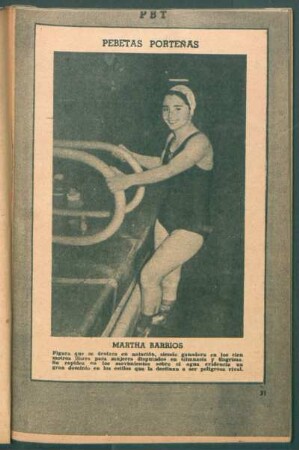 Martha Barrios, figura que se destaca en natación, siendo ganadora en los cien metros libres [...] - [Fotografía] : Pebetas porteñas