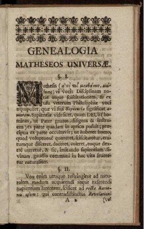 Genealogia Matheseos Universae. §§. I - XXIII.