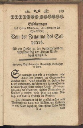 Erfahrungen des Herrn Neuhaus, Alt-Venners der Stadt Biel, Von der Zeugung des Salpeters