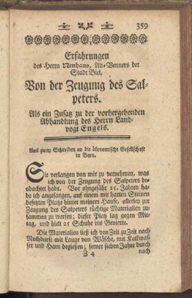 Erfahrungen des Herrn Neuhaus, Alt-Venners der Stadt Biel, Von der Zeugung des Salpeters