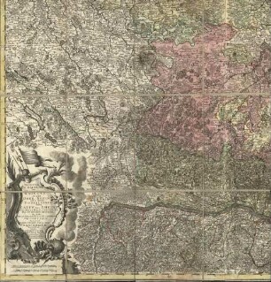 Theatrum Belli Serenissimae Domus Austriacae, Contra Gallos, Confine Limitibus Sacri Romani Imperii et Belgii Seu Tabula Geographica Cursus Rheni Ab Urbe Silvestri Lauffenburgo Usque Ad Ejus Ostium : Provincias Trans Rhenanas ... Exhibens. Cum Regionibus Cis Rhenanis ... ; Cum Priv. Summ. Vicariat. in partibus Rheni Suevic. et Franc. juris