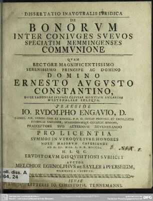 Dissertatio Inauguralis Iuridica De Bonorum Inter Coniuges Suevos Speciatim Memmingenses Communione