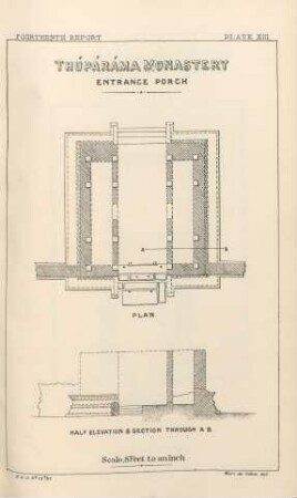 Plate XIII. Thúpáráma Monastery. Entrance porch. Plan, Half elevation and section through A.B.