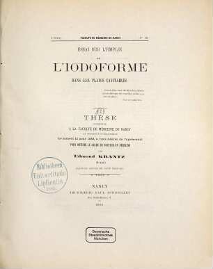 Essai sur l'emploi de l'iodoforme dans les plaies cavitaires : These ...