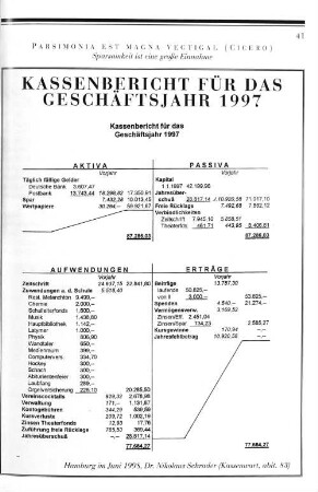 Kassenbericht für das Geschäftsjahr 1997