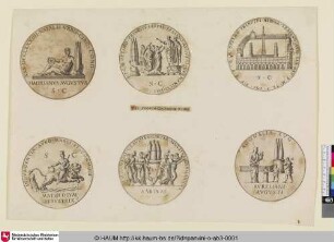 Ex Ludorum Circensium Nummi: [oben links:] Hadrianus Augustus; [oben Mitte:] SPQR Optimo Principi Nervae Traiano Augusto Germanico Dacico; [oben rechts:] SPQR Optimo Principi Nervae Traiano Aug. Ger. Dac.; [unten links:] Mater Deum Servatrix; [unten Mitte:] Sabinae; [unten rechts:] Aureliani Augusti