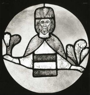 König des Alten Testaments. Glasmalerei, um 1170. Wünschendorf, Dorfkirche Sankt Veit S III. Ausstellung "Mittelalterliche Glasmalerei in der DDR", Erfurt 1989/1990. Kat. Nr. 1