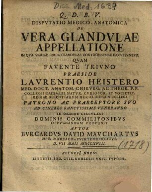 Dispvtatio Medico-Anatomica De Vera Glandvlae Appellatione : In Quva Variae Circa Glandvlas Controversiae Excvtivntvr