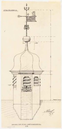 Evangelische Kirche, Berlin-Nikolassee: Detail 1:10: Ansicht des Dachreiters auf dem Konfirmandensaal; Zahlenangaben