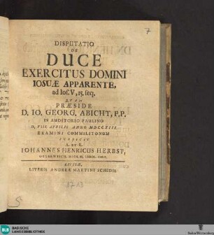 Disputatio De Duce Exercitus Domini Iosuae Apparente ad Ios. V, 15, seq.