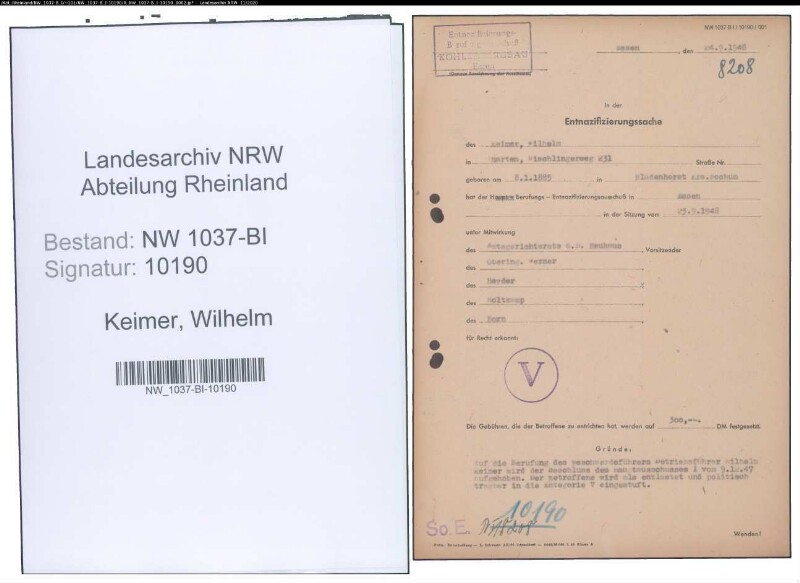 Entnazifizierung Wilhelm Keimer , geb. 08.01.1885 (Betriebsleiter)