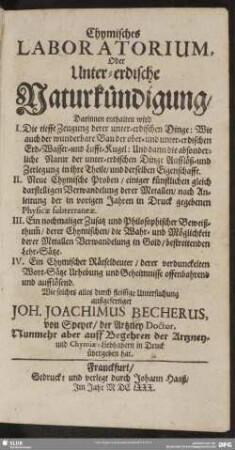 Chymisches Laboratorium, Oder Unter-erdische Naturkündigung