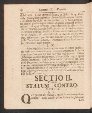 Sectio II. Ponens Statum Contro-Versiae.