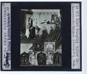 Fouquet, Stundenbuch des Étienne Chevalier (versch. Aufbewahrungsorte),Fouquet, Geburt Johannes d. Täufers (Miniatur des Chevalier-Stundenbuchs) (Chantilly Mus. Condé)
