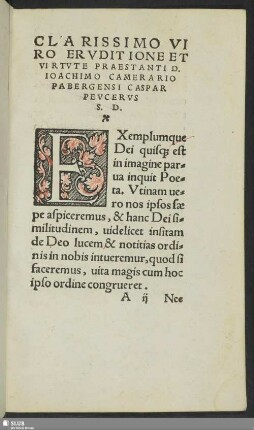 Clarissimo Viro Eruditione Et Virtute Praestanti D. Ioachimo Camerario Pabergensi Caspar Peucerus