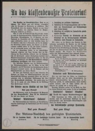 Aufforderung zum Generalstreik "An das klassenbewusste Proletariat !" Aktionsausschuss des geeinigten Proletariats, 32x23 cm