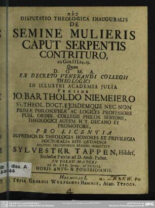 Disputatio Theologica Inauguralis De Semine Mulieris Caput Serpentis Contrituro, ex Gen. III., 14 - 15
