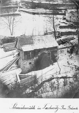 Brettschneidemühle im Loschwitzgrund im Schnee : Dresden-Loschwitz. Hänsels Brettschneidemühle im Loschwitzgrund im Schnee.