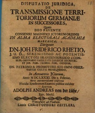 Disputatio Juridica, De Transmissione Territoriorum Germaniae In Successores