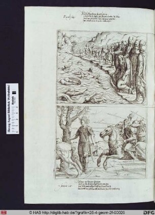 Moses führt das Volk Israel durch das rote Meer, senkt seinen Stab und die Ägypter werden von den Fluten erfasst.