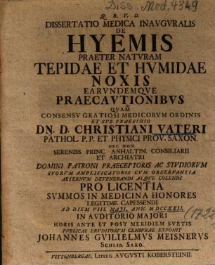 Dissertatio Medica Inavgvralis De Hyemis Praeter Natvram Tepidae Et Hvmidae Noxis Earvndemqve Praecavtionibvs