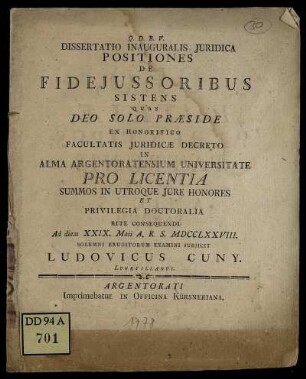 Dissertatio Inauguralis Iuridica Positiones De Fide Iussoribus Sistens
