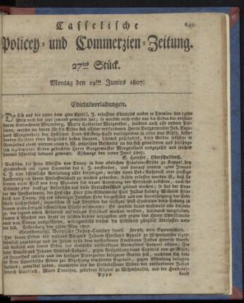 27tes Stück, Montag den 29ten Junius 1807