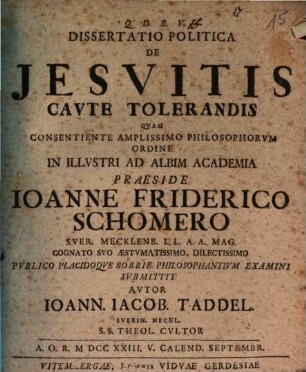 Dissertatio Politica De Jesvitis Cavte Tolerandis
