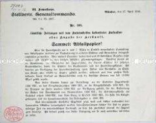 Rundschreiben des stellvertretenden Generalkommandos des VII. Armeekorps mit einem Aufruf zur Sammlung von Altpapier