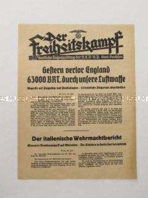 Nachrichtenblatt der sächsischen NSDAP-Zeitung "Der Freiheitskampf" über die deutsche Bombardierung britischer Flugplätze in Mittelengland