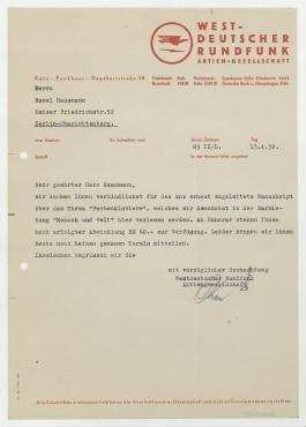 Brief von Westdeutscher Rundfunk AG an Raoul Hausmann. Köln