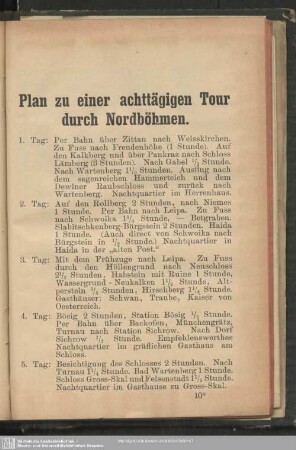 Plan zu einer achttägigen Tour durch Nordböhmen