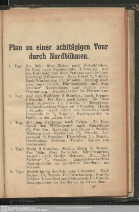Plan zu einer achttägigen Tour durch Nordböhmen
