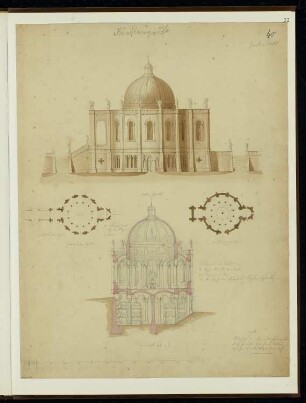 Fürstengruft Monatskonkurrenz Januar 1850: Grundriss Keller (Gruft), Erdgeschoss (Kapelle), Aufriss Vorderansicht, Querschnitt; 2 Maßstabsleisten