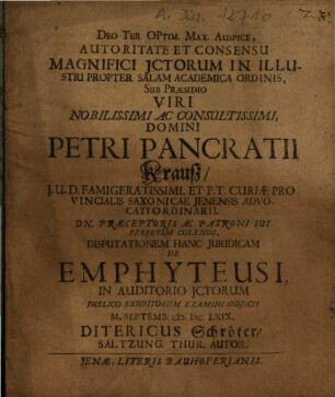 Disputationem Hanc Juridicam [Iuridicam] De Emphyteusi
