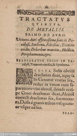 Tractatus Quintus. De Metallis. Primo de Auro.