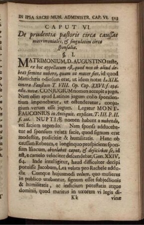 Caput VI. De prudentia pastoris circa caussas matrimoniales, [etc.] singulatim circa sponsalia.