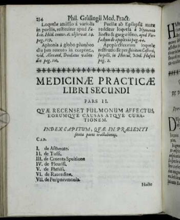 Pars II. Quæ Recenset Pulmonum Affectus, Eorumque Causas Atque Curationem.