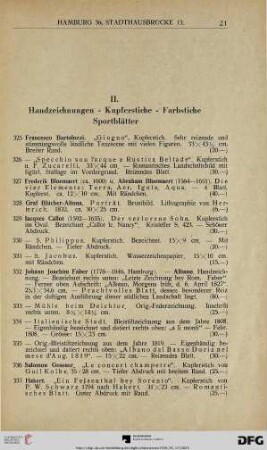 II. Handzeichnungen – Kupferstiche – Farbstiche – Sportblätter (Nr. 325-371)