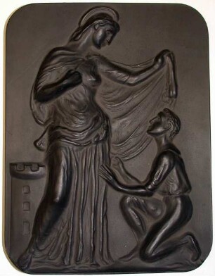 Kohlekeramikplakette "St. Barbara mit Bergknappen"