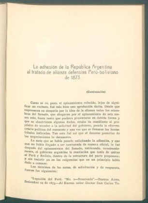 La adhesión de la República Argentina al tratado de alianza defensiva Perú-boloviano de 1873 - (Continuación)